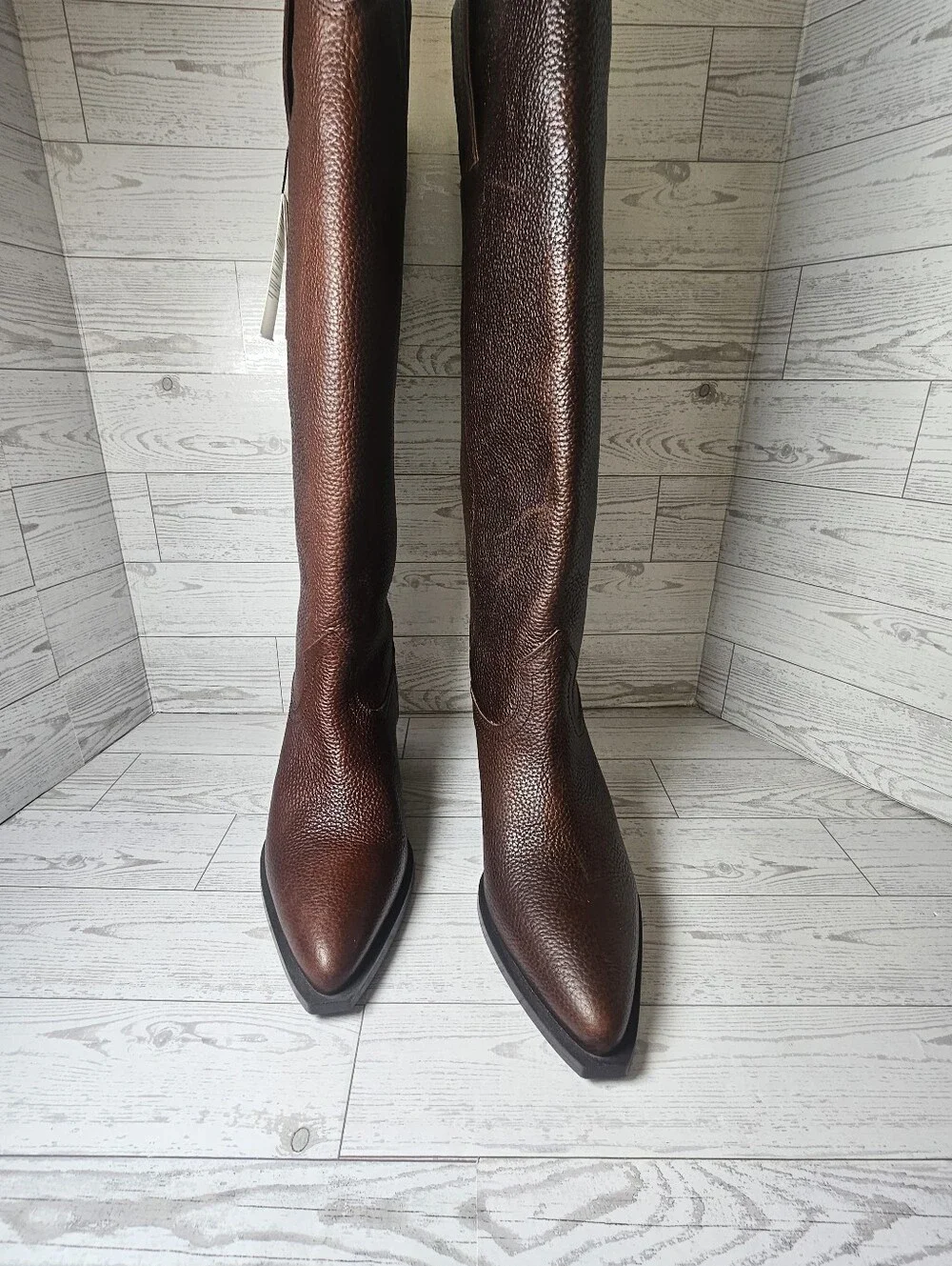 NWT ZARA Brown Pebbled Leather Western Cowboy Boots Women's 6.5 EUR 37